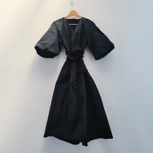 Zara Black Minimalist Midi Dress Size Medium Balloon Sleeve Full Skirt Neutral